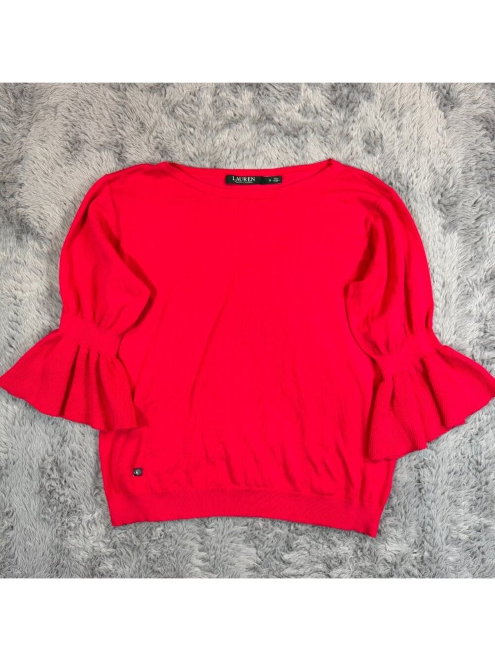 Lauren Ralph Lauren Sweater Women S Red Cotton Tight-Knit Flutter Sleeve Holiday